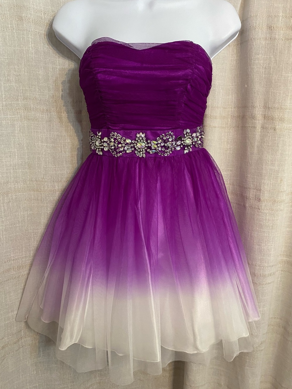 Vintage Y2K B. Darlin Purple White Ombre Tulle Mini Dress Beaded Waist Sz 1/2